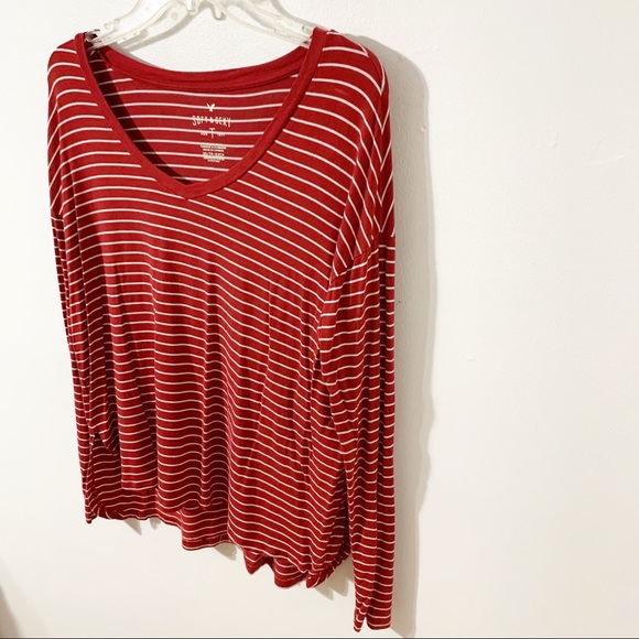 American Eagle Soft and Sexy Striped Long Sleeve Scoop V-Neck Pullover Top ❤️🤍 - Picture 2 of 10